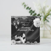 Zwart & Wit Zijde Bloemen & Kant Masquerade Party Kaart (Staand voorkant)