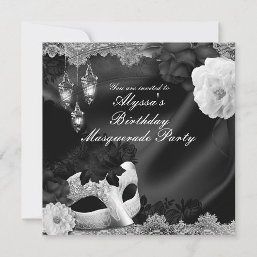Zwart & Wit Zijde Bloemen & Kant Masquerade Party Kaart (Voorkant)