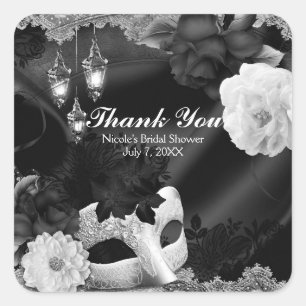 Zwart & Wit Zijde Bloemen & Kant Masquerade Party Vierkante Sticker