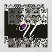 ZWART WIT ZIJDE DAMAST MONOGRAAM PURPER AMETHYST KAART (Voorkant / Achterkant)