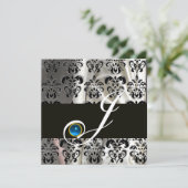 ZWART WIT ZIJDE DAMAST MONOGRAM BLAUWE SAPPHIER KAART (Staand voorkant)