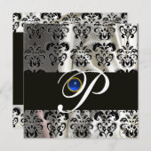 ZWART WIT ZIJDE DAMAST MONOGRAM BLAUWE SAPPHIERE KAART (Voorkant / Achterkant)