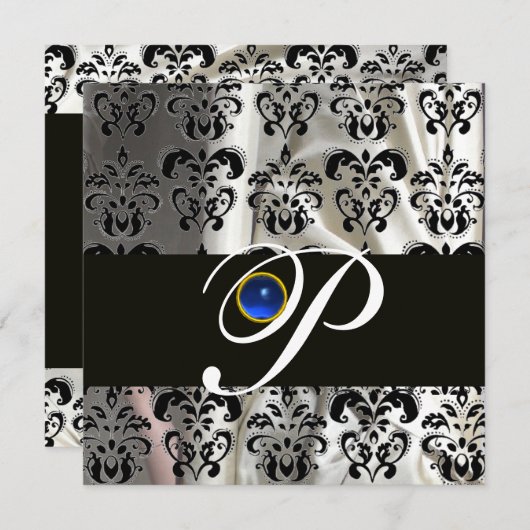 ZWART WIT ZIJDE DAMAST MONOGRAM BLAUWE SAPPHIERE KAART (Voorkant / Achterkant)