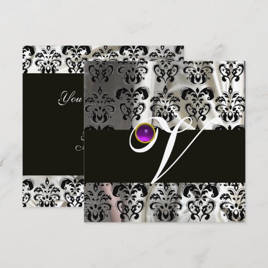 ZWART WIT ZIJDE DAMAST MONOGRAM PAARS AMETHYST KAART (Voorkant / Achterkant)