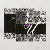 ZWART WIT ZIJDE DAMAST MONOGRAM PAARS AMETHYST KAART (Voorkant / Achterkant)