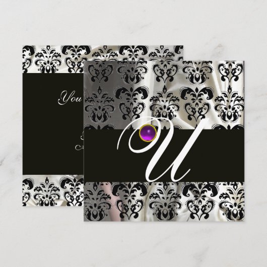 ZWART WIT ZIJDE DAMAST MONOGRAM PAARS AMETHYST KAART (Voorkant / Achterkant)