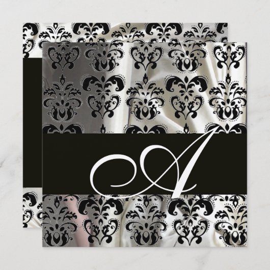 ZWART & WIT ZIJDE DAMAST STOF MONOGRAM Champagne Kaart (Voorkant / Achterkant)