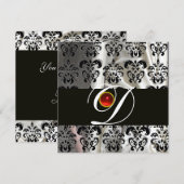 ZWART WIT ZIJDE DAMASTEN STOF MONOGRAM  RODE ROBIJ KAART (Voorkant / Achterkant)