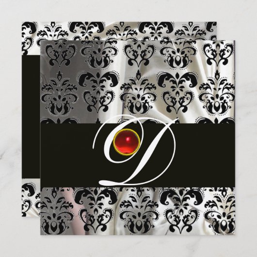 ZWART WIT ZIJDE DAMASTEN STOF MONOGRAM ROOD ROBIJN KAART (Voorkant / Achterkant)