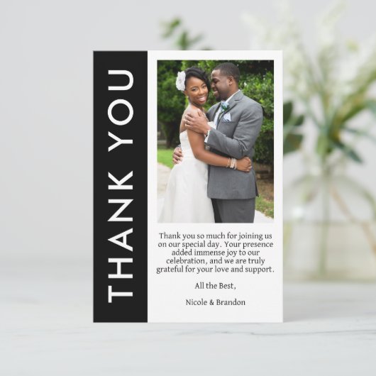 Zwart & Wit Zijstreep Foto Bruiloft Bedankkaart (Staand voorkant)
