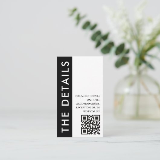 Zwart & Wit Zijstreep QR Code Bruiloft Details Informatiekaartje (Staand voorkant)