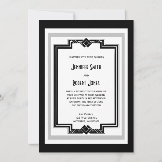 Zwart Wit Zilver Art Deco bruiloft uitnodiging (Voorkant)
