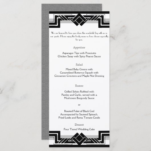 Zwart Wit Zilver Art Deco Lijst Bruiloft Menu (Voorkant / Achterkant)