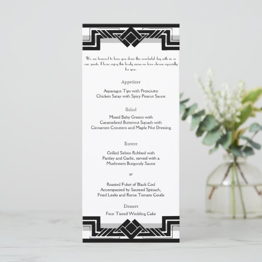 Zwart Wit Zilver Art Deco Lijst Bruiloft Menu (Staand voorkant)