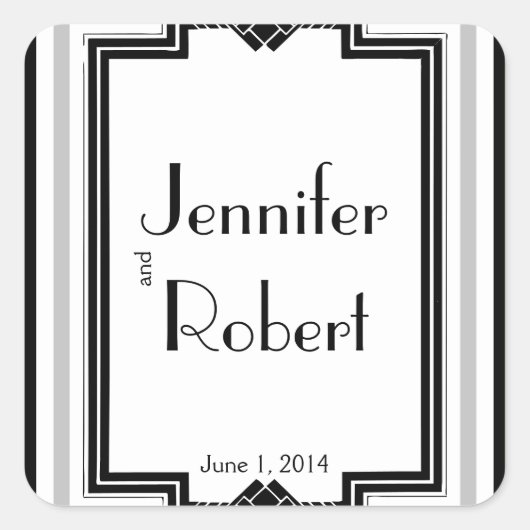 Zwart Wit Zilver Art Deco Lijst Envelope Seal Vierkante Sticker (Voorkant)