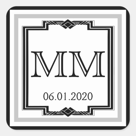 Zwart Wit Zilver Art Deco Lijst Monogram Sticker (Voorkant)