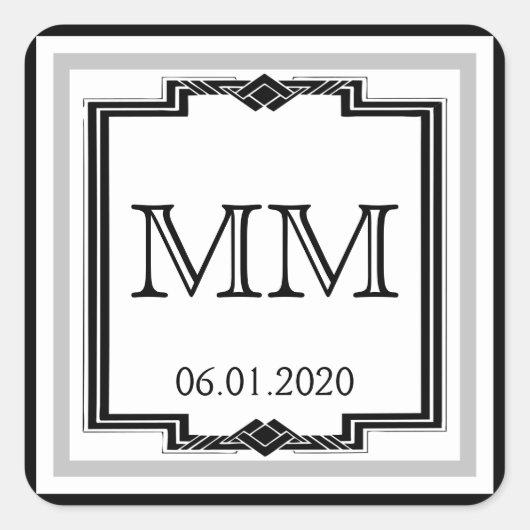 Zwart Wit Zilver Art Deco Lijst Monogram Sticker (Voorkant)