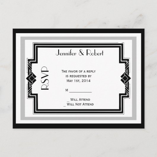 Zwart Wit Zilver Art Deco Lijst RSVP Briefkaart (Voorkant)