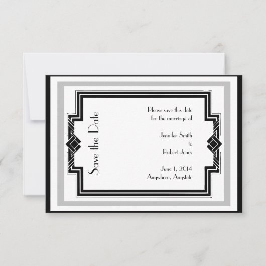 Zwart Wit Zilver Art Deco Lijst Save the Date (Voorkant)