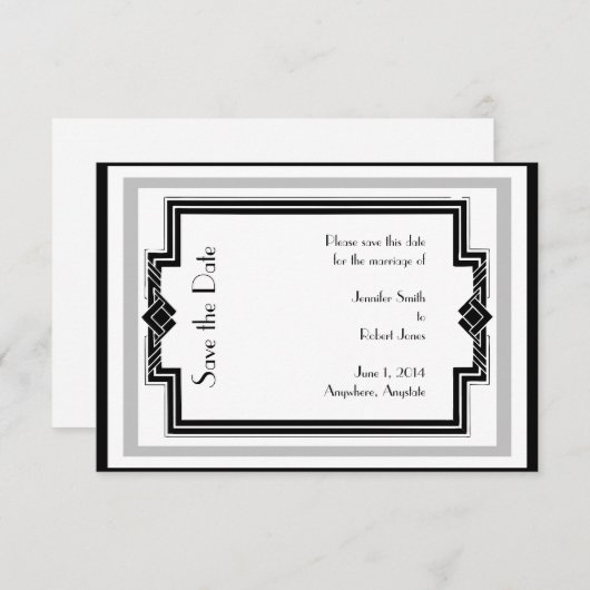 Zwart Wit Zilver Art Deco Lijst Save the Date (Voorkant / Achterkant)