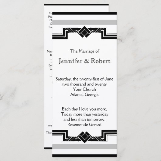 Zwart Wit Zilver Art Deco Lijst Trouwprogramma Programmakaart (Voorkant / Achterkant)