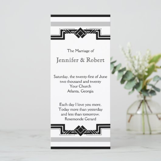 Zwart Wit Zilver Art Deco Lijst Trouwprogramma Programmakaart (Staand voorkant)