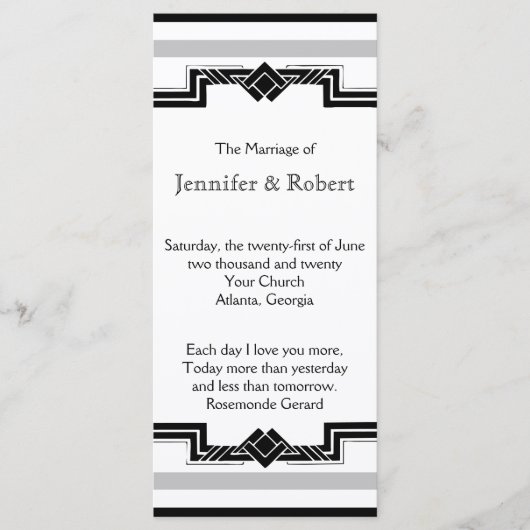 Zwart Wit Zilver Art Deco Lijst Trouwprogramma Programmakaart (Voorkant)