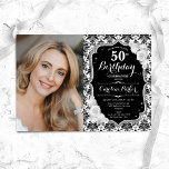 Zwart Wit Zilver Damask Foto 50e Verjaardag Kaart<br><div class="desc">Elegante bloemenvrouwelijke 50e verjaardagsuitnodiging met uw foto. Glam zwart wit ontwerp met faux glitter zilver. Beschikt over zwart-wit damast patroon, rozen, script lettertype en confetti. Perfect voor een stijlvol volwassen feestje. Personaliseer met je eigen gegevens. Kan voor om het even welke leeftijd worden aangepast! Gedrukte Zazzle-uitnodigingen of direct download digitale...</div>