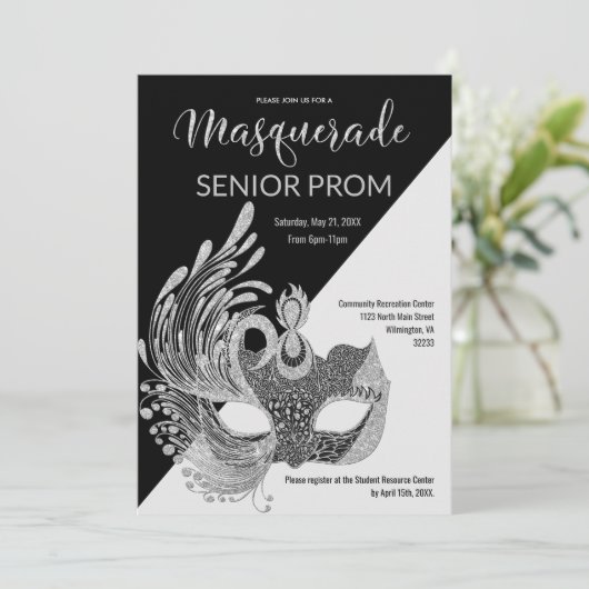 Zwart Wit Zilver Glitter Masquerade Prom Kaart (Staand voorkant)