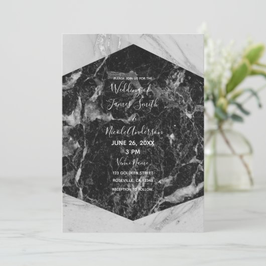 Zwart Wit & Zilver Marmer Modern Glamour Huwelijk Kaart (Staand voorkant)