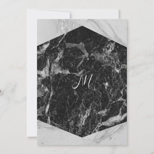 Zwart Wit & Zilver Marmer Modern Glamour Huwelijk Kaart (Achterkant)