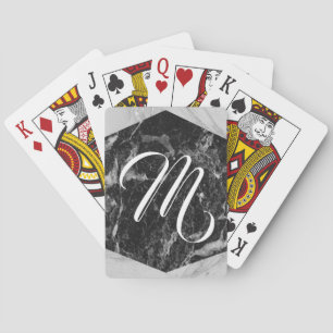Zwart Wit & Zilver Marmer Moderne Glam Monogram Pokerkaarten