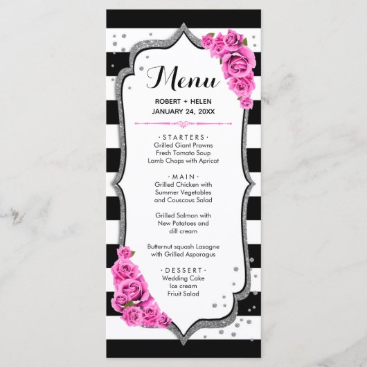 Zwart Wit Zilver Roze Menu Kaart (Voorkant)