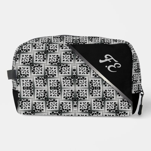 Zwart Wit + Zilver Vierkant Patroon Monogram Tasse Toilettasje (Voorkant)