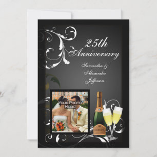 Zwart-Wit Zilveren Champagne Foto Jubileum Kaart