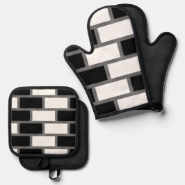 Zwart-wit zilverkleurig Tartan Gecontroleerd patro Ovenwant & Pannenlap Set