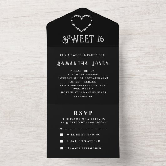 Zwart-wit zoet 16 Heart zestien All In One Uitnodiging (Binnen)