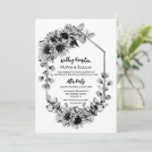 Zwart-wit zonnebloem bruiloft receptie kaart (Staand voorkant)