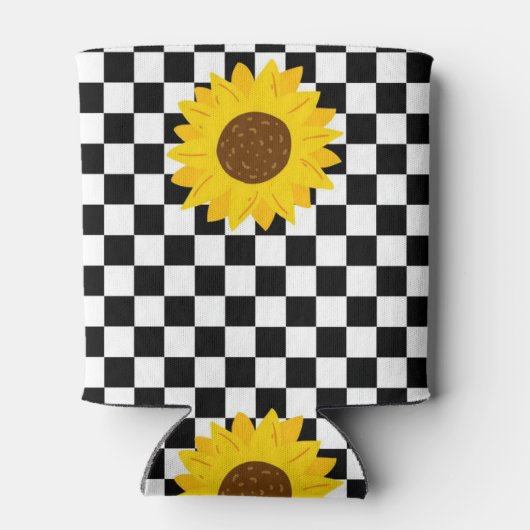 Zwart-wit Zonnebloem Checkerboard Retro Blikjeskoeler (Achterkant)