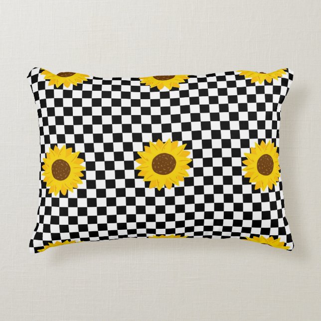 Zwart-wit Zonnebloem Geruite Bloem Patroon Accent Kussen (Voorkant)