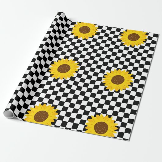 Zwart-wit Zonnebloem Geruite Bloem Patroon Cadeaupapier (Uitgerold)