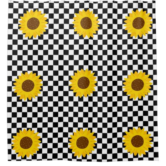 Zwart-wit Zonnebloem Geruite Bloem Patroon Douchegordijn (Voorkant)