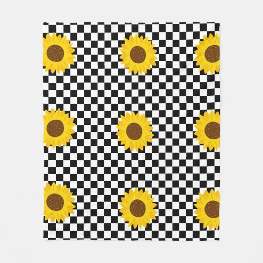 Zwart-wit Zonnebloem Geruite Bloem Patroon Fleece Deken (Voorkant)