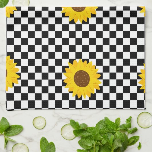 Zwart-wit Zonnebloem Geruite Bloem Patroon Theedoek (Gevouwen)
