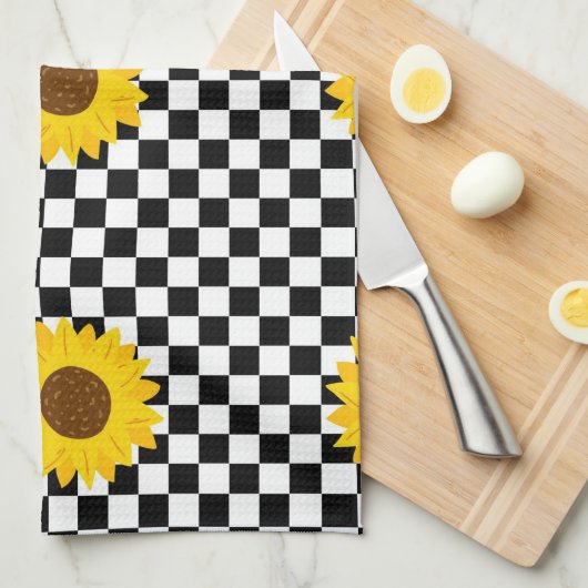 Zwart-wit Zonnebloem Geruite Bloem Patroon Theedoek (Quarter Fold)