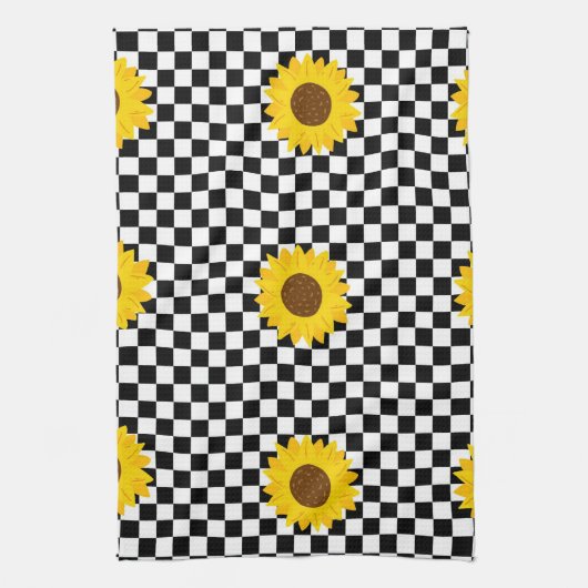 Zwart-wit Zonnebloem Geruite Bloem Patroon Theedoek (Verticaal)