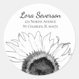 Zwart-wit Zonnebloem Retouradres Ronde Sticker