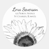 Zwart-wit Zonnebloem Retouradres Ronde Sticker (Voorkant)