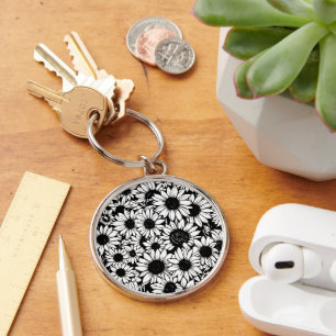 zwart-wit zonnebloem sleutelhanger