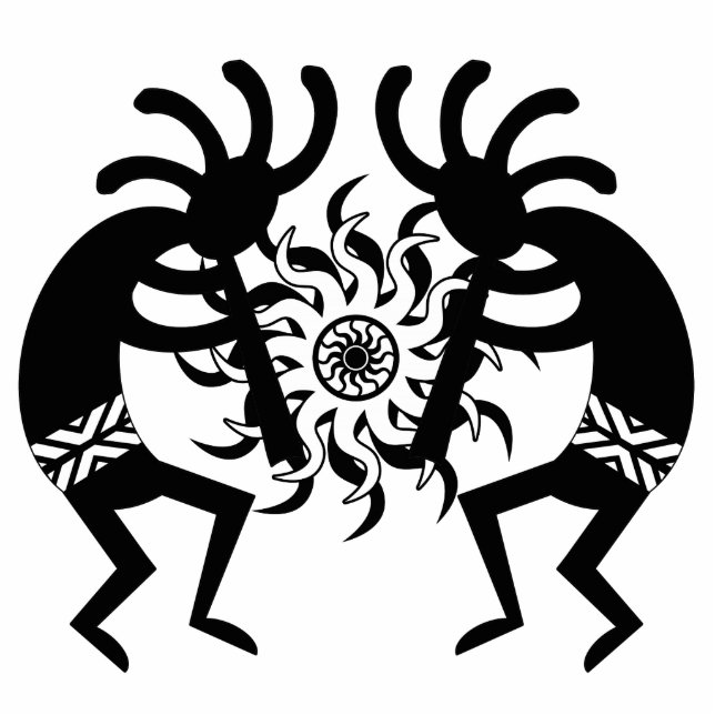 Zwart-wit Zuidwest Kokopelli Tribal Sun Staand Fotobeeldje (Voorkant)